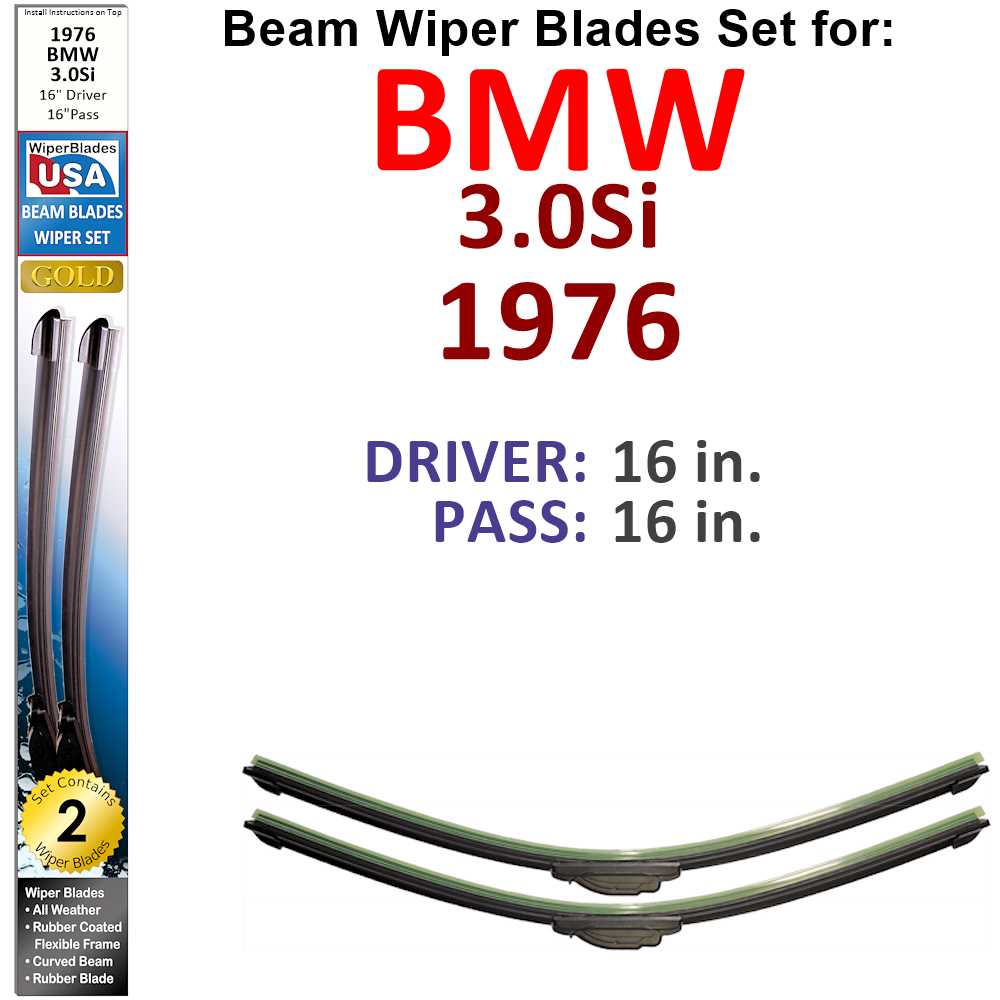 Set of two Beam Wiper Blades designed for 1976 BMW 3.0Si, showcasing their flexible and sealed construction for optimal performance.