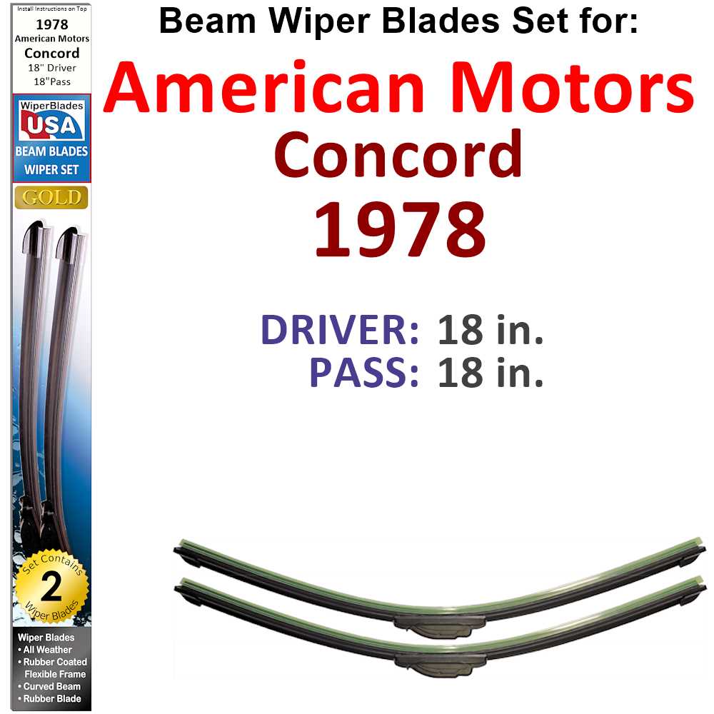 Set of 2 Beam Wiper Blades designed for 1978 American Motors Concord, featuring a low-profile and flexible design for optimal windshield contact.