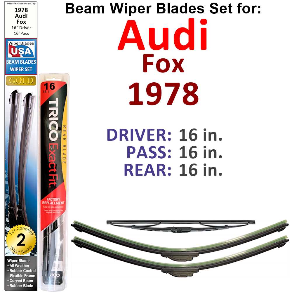 Set of 3 Beam Wiper Blades designed for 1978 Audi Fox, showcasing their flexible and durable construction.