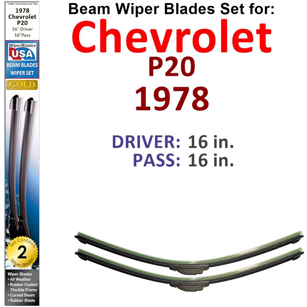 Set of two Beam Wiper Blades designed for 1978 Chevrolet P20, showcasing their low-profile and flexible design.