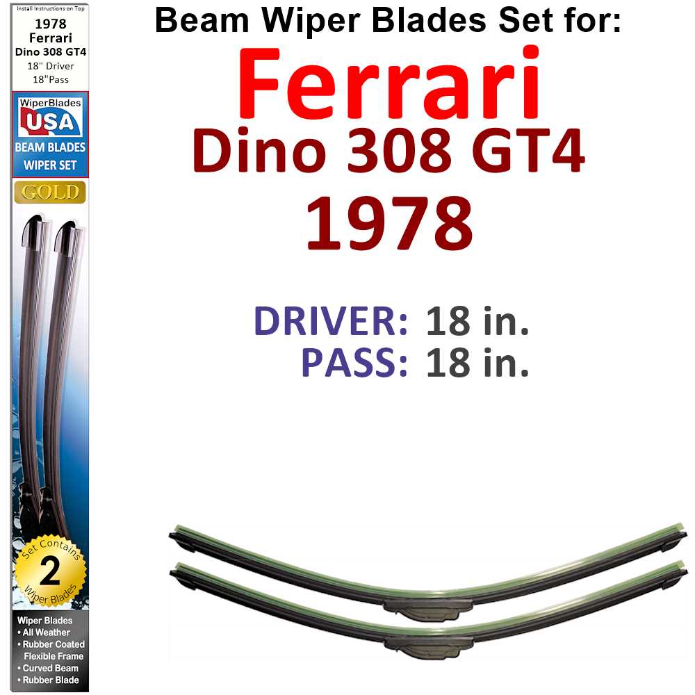 Set of 2 Beam Wiper Blades designed for 1978 Ferrari Dino 308 GT4, showcasing their sleek design and durable construction.