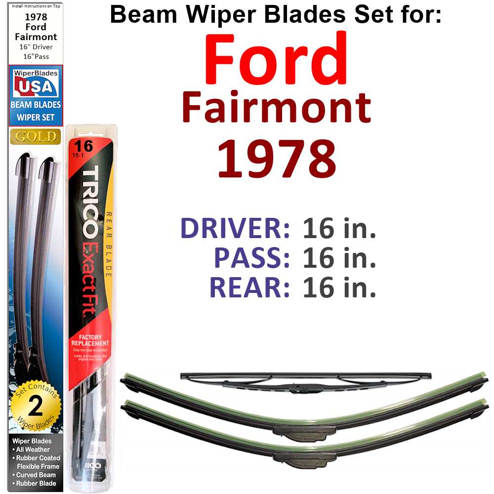 Set of 3 Beam Wiper Blades designed for 1978 Ford Fairmont, showcasing their flexible and durable construction.