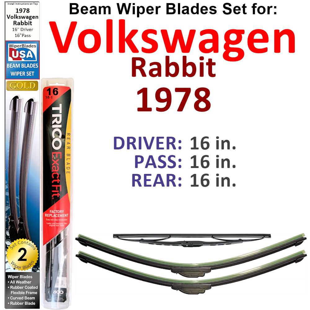 Set of 3 Beam Wiper Blades designed for 1978 Volkswagen Rabbit, showcasing their flexible and durable construction.