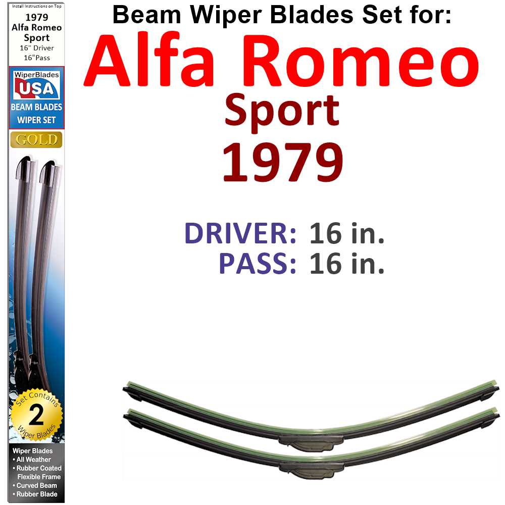 Set of 2 Beam Wiper Blades designed for 1979 Alfa Romeo Sport, showcasing their flexible and durable construction.