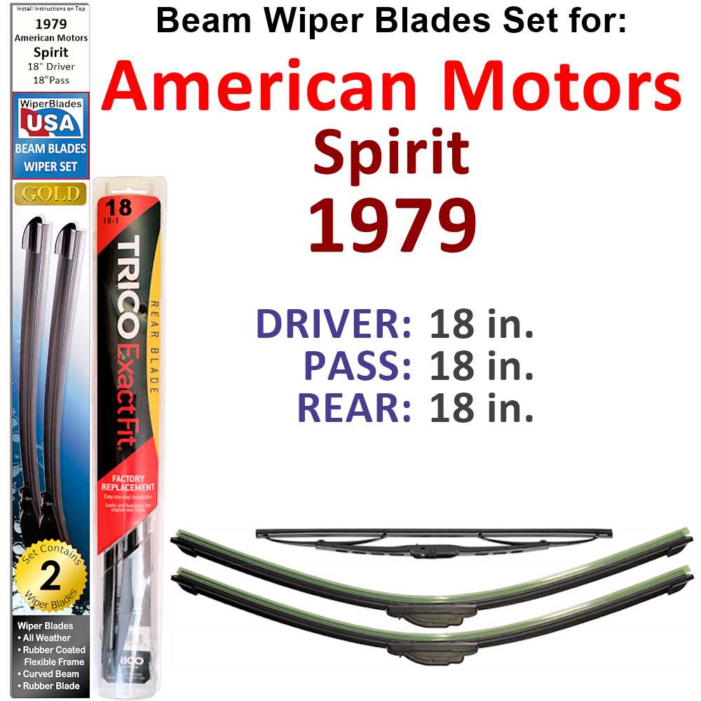 Set of 3 Beam Wiper Blades designed for 1979 American Motors Spirit, showcasing their flexible and durable construction.