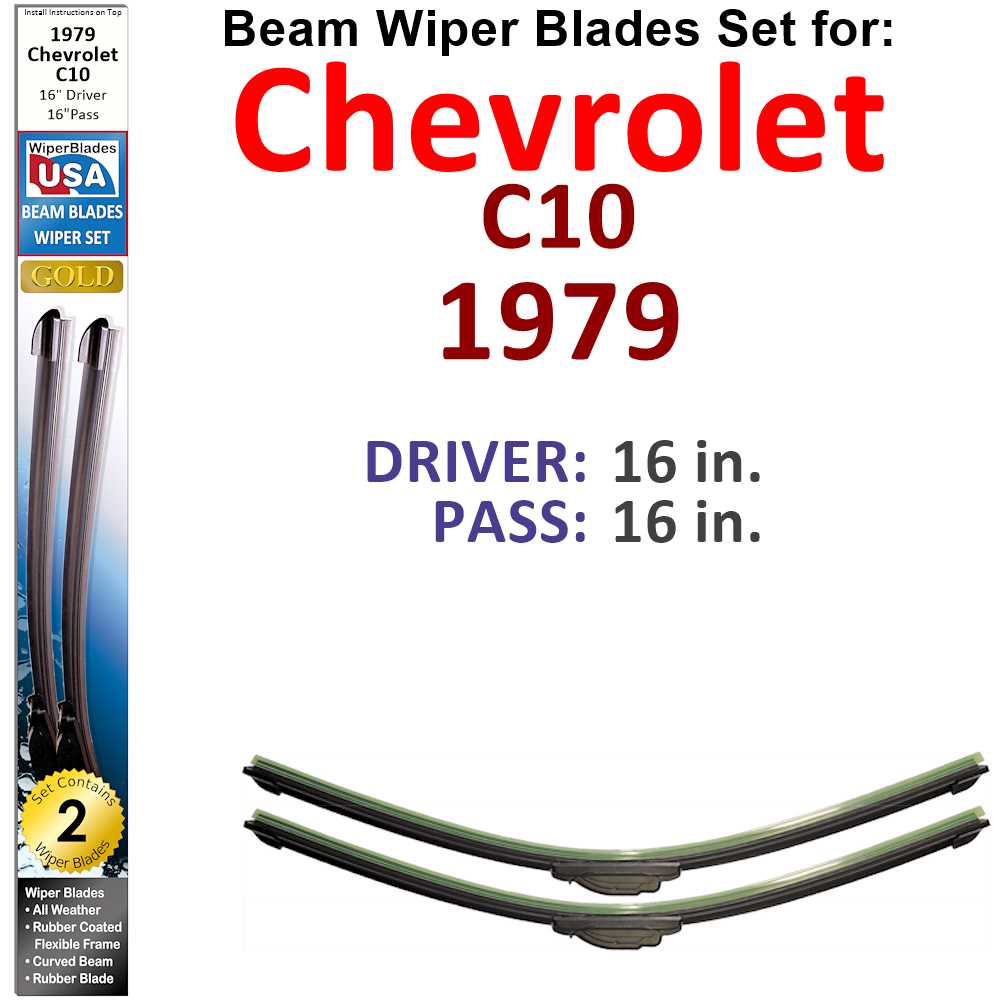 Set of 2 Beam Wiper Blades designed for 1979 Chevrolet C10, showcasing their flexible and durable construction.