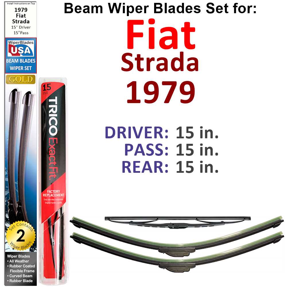 Set of 3 Beam Wiper Blades designed for 1979 Fiat Strada, showcasing their flexible and durable construction.