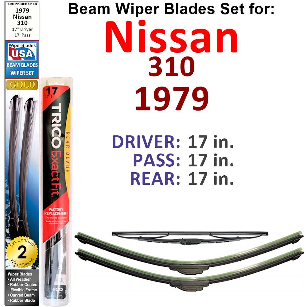 Set of 3 Beam Wiper Blades designed for 1979 Nissan 310, showcasing their flexible and sealed design for optimal windshield cleaning.