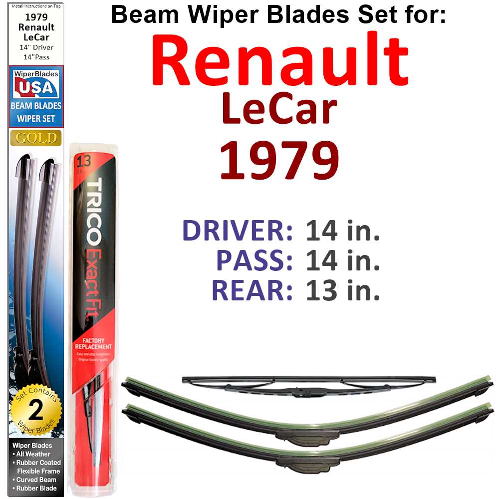 Set of 3 Beam Wiper Blades designed for 1979 Renault LeCar, showcasing their flexible and durable construction.