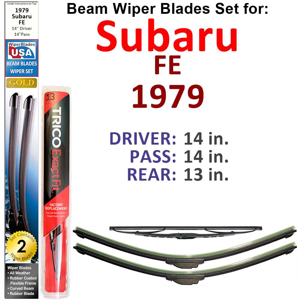 Set of 3 Beam Wiper Blades designed for 1979 Subaru FE, showcasing their flexible and durable design.