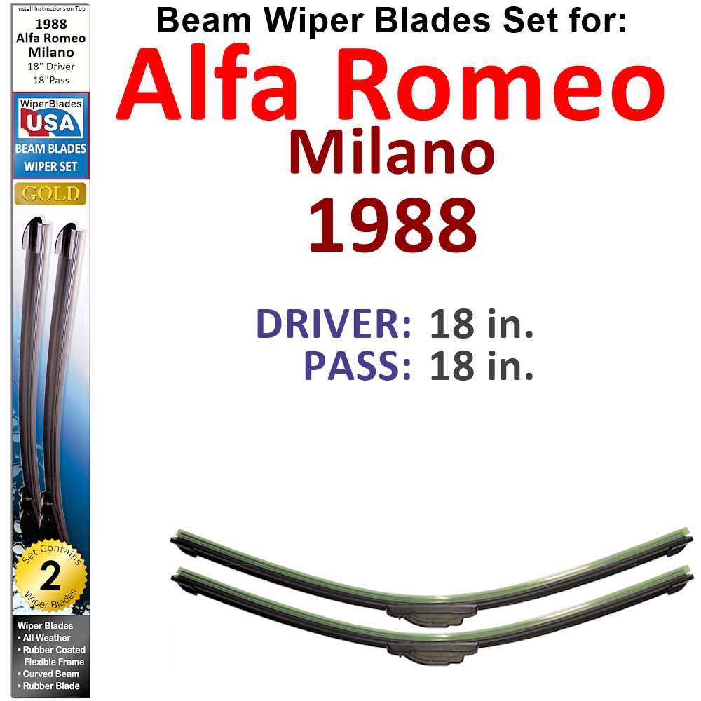 Set of two Beam Wiper Blades designed for 1988 Alfa Romeo Milano, showcasing their flexible and durable construction.