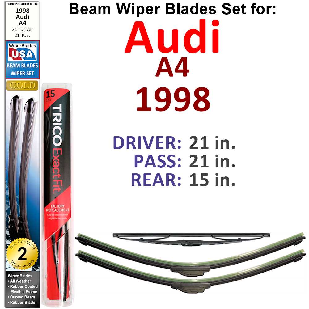 Set of 3 Beam Wiper Blades designed for 1998 Audi A4, showcasing their flexible and durable construction.