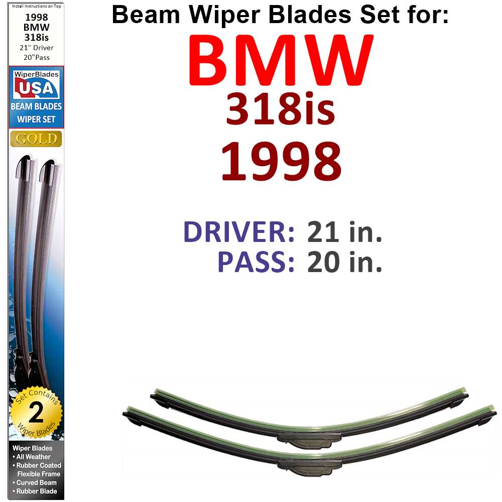 Set of two Beam Wiper Blades designed for 1998 BMW 318is, showcasing their flexible and sealed construction for optimal performance.