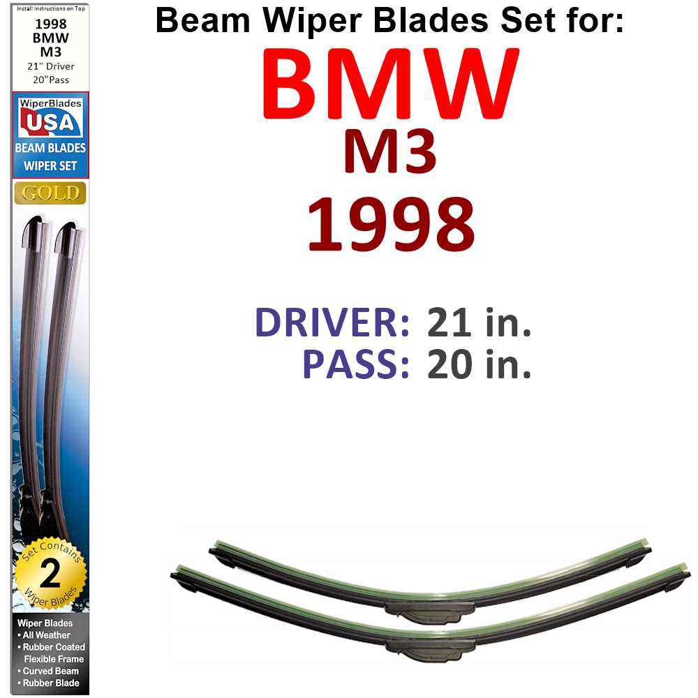 Set of two Beam Wiper Blades designed for 1998 BMW M3, showcasing their sleek low-profile design and rubber-encased metal spine.