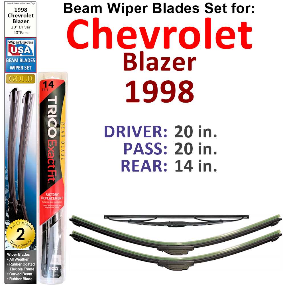 Set of 3 Beam Wiper Blades designed for 1998 Chevrolet Blazer, showcasing their flexible and sealed design for optimal windshield contact.