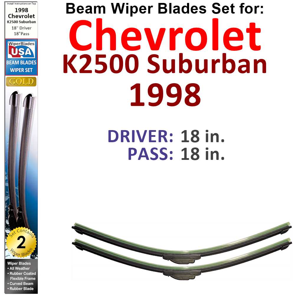 Set of two Beam Wiper Blades designed for 1998 Chevrolet K2500 Suburban, showcasing their flexible and durable construction.