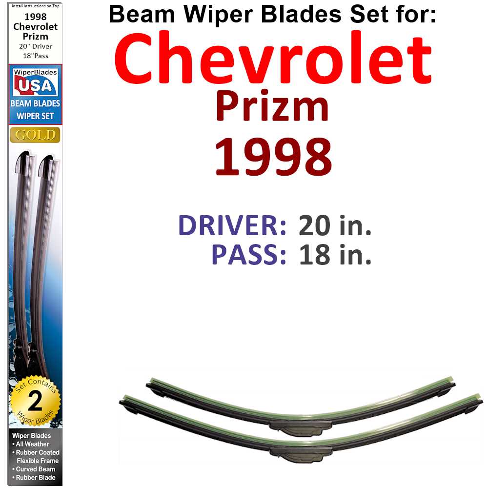 Set of two Beam Wiper Blades designed for 1998 Chevrolet Prizm, showcasing their flexible and durable construction.