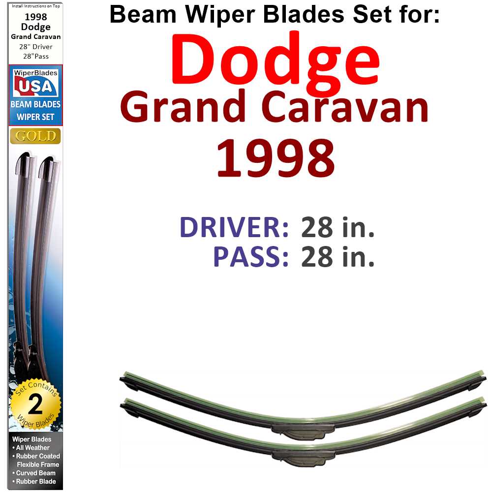 Set of 2 Beam Wiper Blades designed for 1998 Dodge Grand Caravan, showcasing their flexible and durable construction.