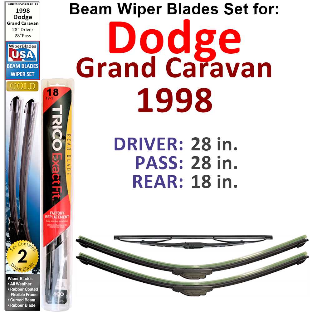 Set of 3 Beam Wiper Blades designed for 1998 Dodge Grand Caravan, showcasing their flexible and durable design.