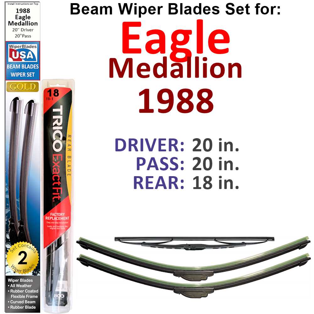 Set of 3 Beam Wiper Blades designed for 1988 Eagle Medallion, showcasing their flexible and durable construction.