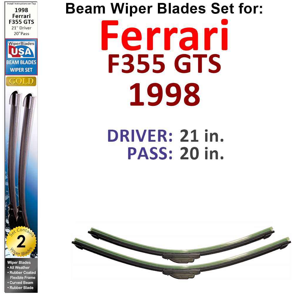 Set of two Beam Wiper Blades designed for 1998 Ferrari F355 GTS, showcasing their sleek, low-profile design and rubber-encased metal spine.