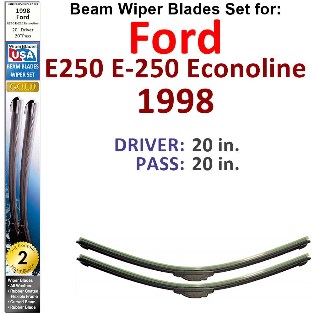 Set of 2 Beam Wiper Blades designed for 1998 Ford E250 E-250 Econoline, showcasing their flexible and durable construction.