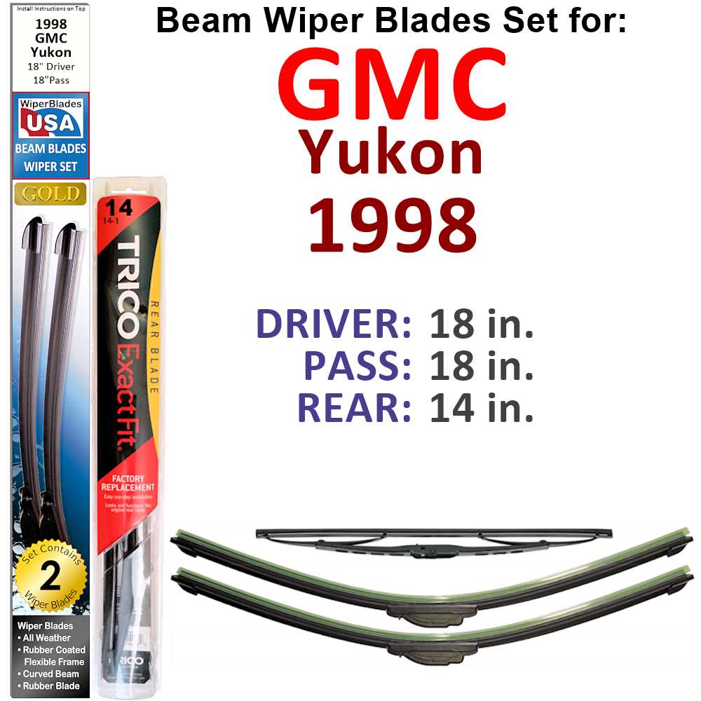 Set of 3 Beam Wiper Blades designed for 1998 GMC Yukon, showcasing their flexible and durable construction.