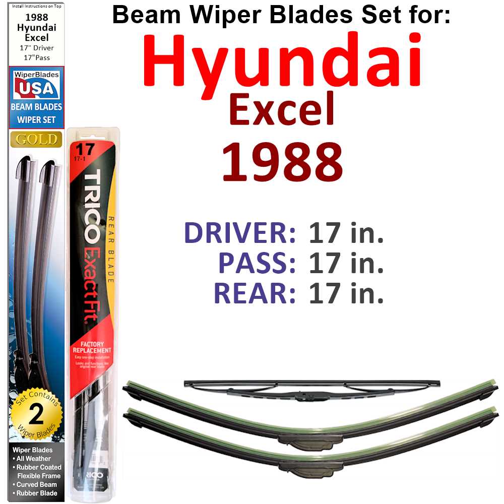 Set of 3 Beam Wiper Blades designed for 1988 Hyundai Excel, showcasing their flexible and durable construction.