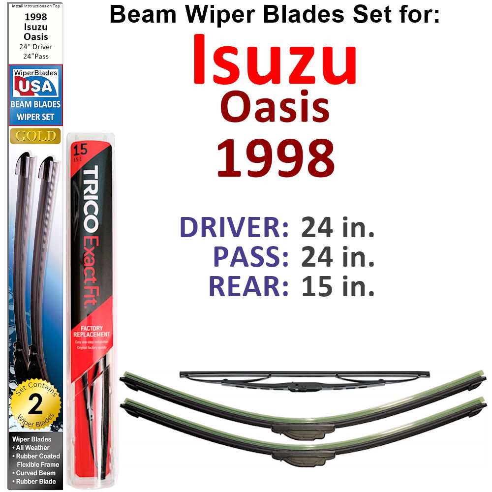 Set of 3 Beam Wiper Blades designed for 1998 Isuzu Oasis, showcasing their flexible and durable construction.