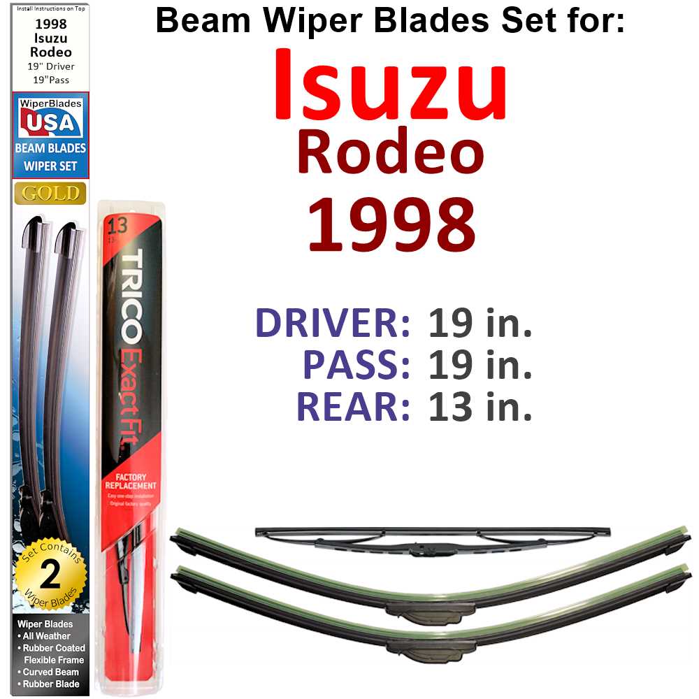 Set of 3 Beam Wiper Blades designed for 1998 Isuzu Rodeo, showcasing their flexible and durable construction.