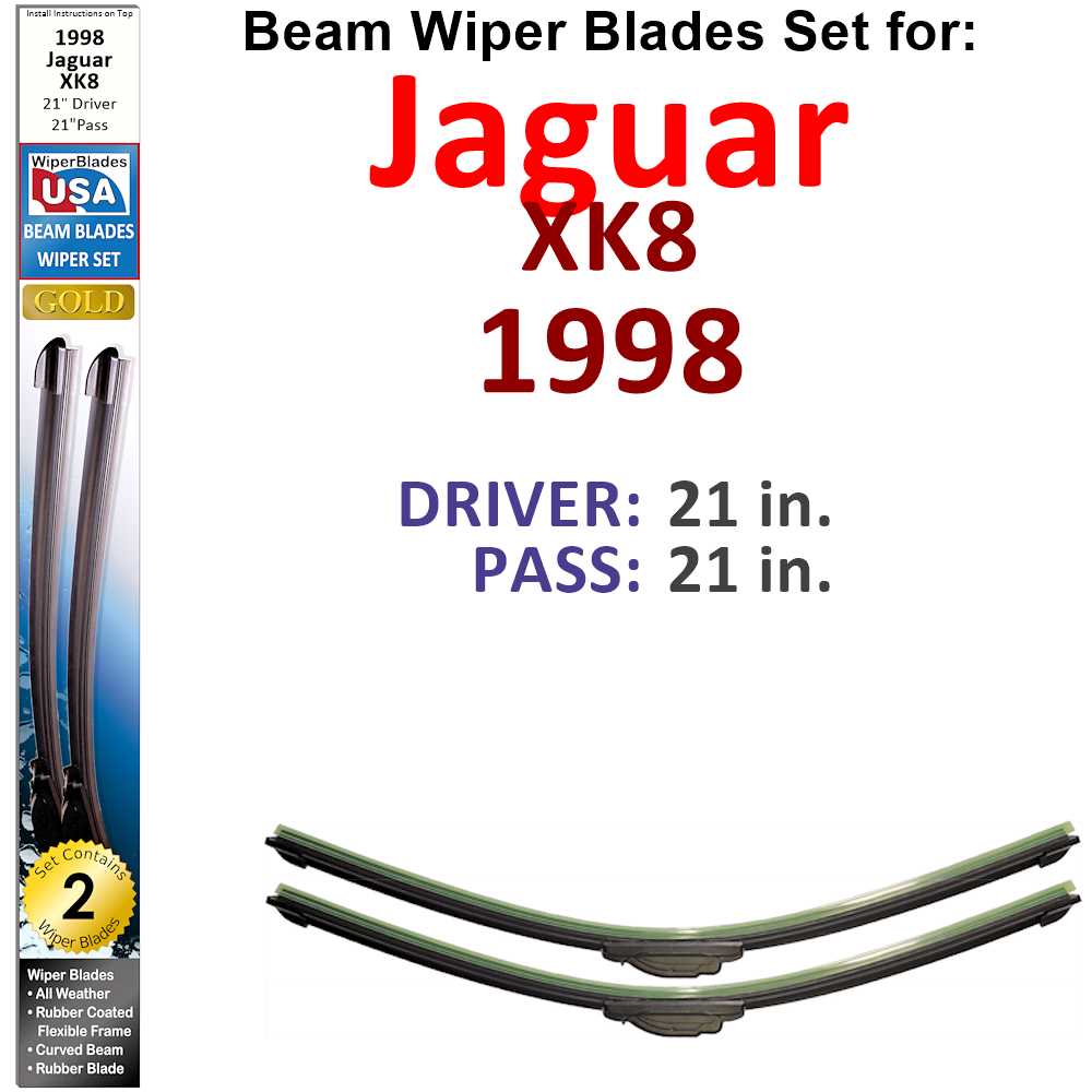 Set of two Beam Wiper Blades designed for 1998 Jaguar XK8, showcasing their flexible and sealed construction for optimal windshield cleaning.