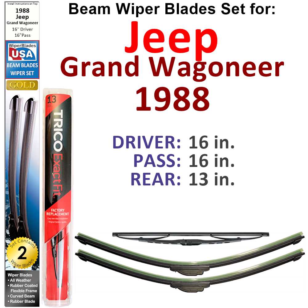 Set of 3 Beam Wiper Blades designed for 1988 Jeep Grand Wagoneer, showcasing their flexible and durable construction.