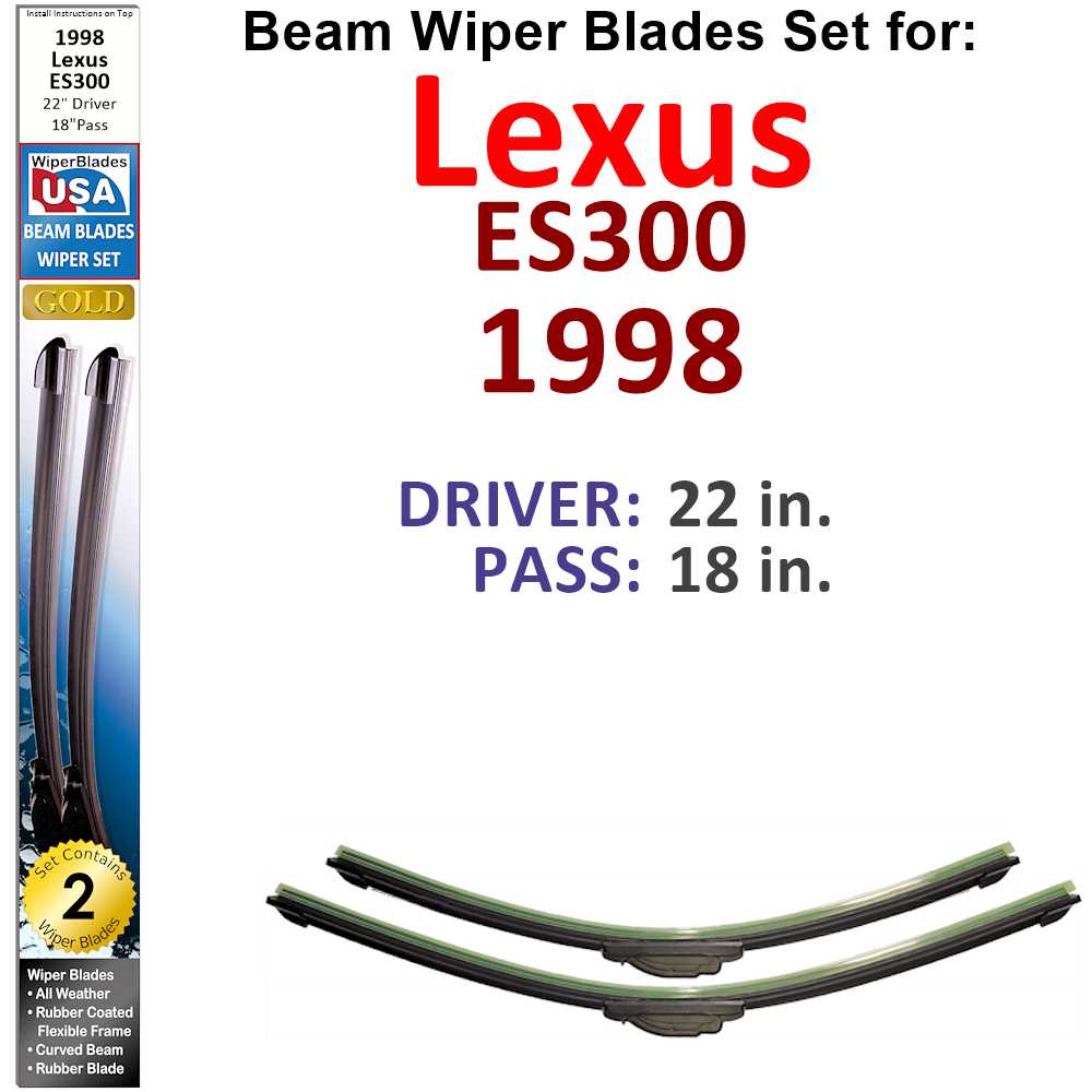 Set of two Beam Wiper Blades designed for 1998 Lexus ES300, showcasing their flexible and durable construction.