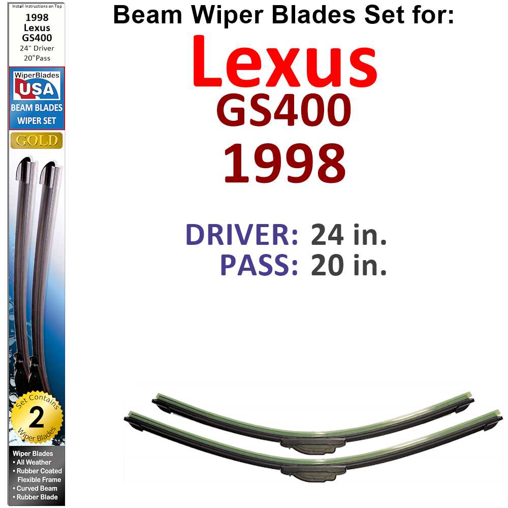 Set of two Beam Wiper Blades designed for 1998 Lexus GS400, showcasing their flexible and sealed construction for optimal windshield cleaning.