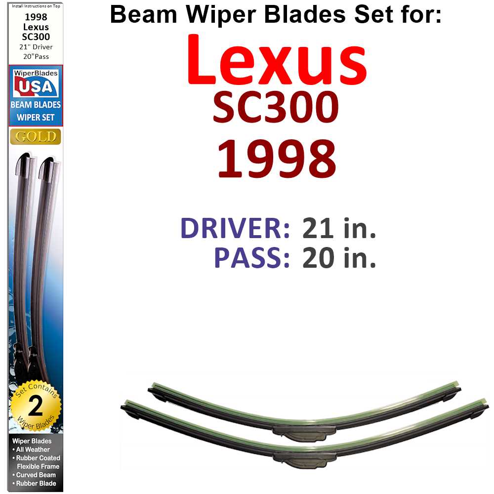 Set of two Beam Wiper Blades designed for 1998 Lexus SC300, showcasing their flexible and durable construction.