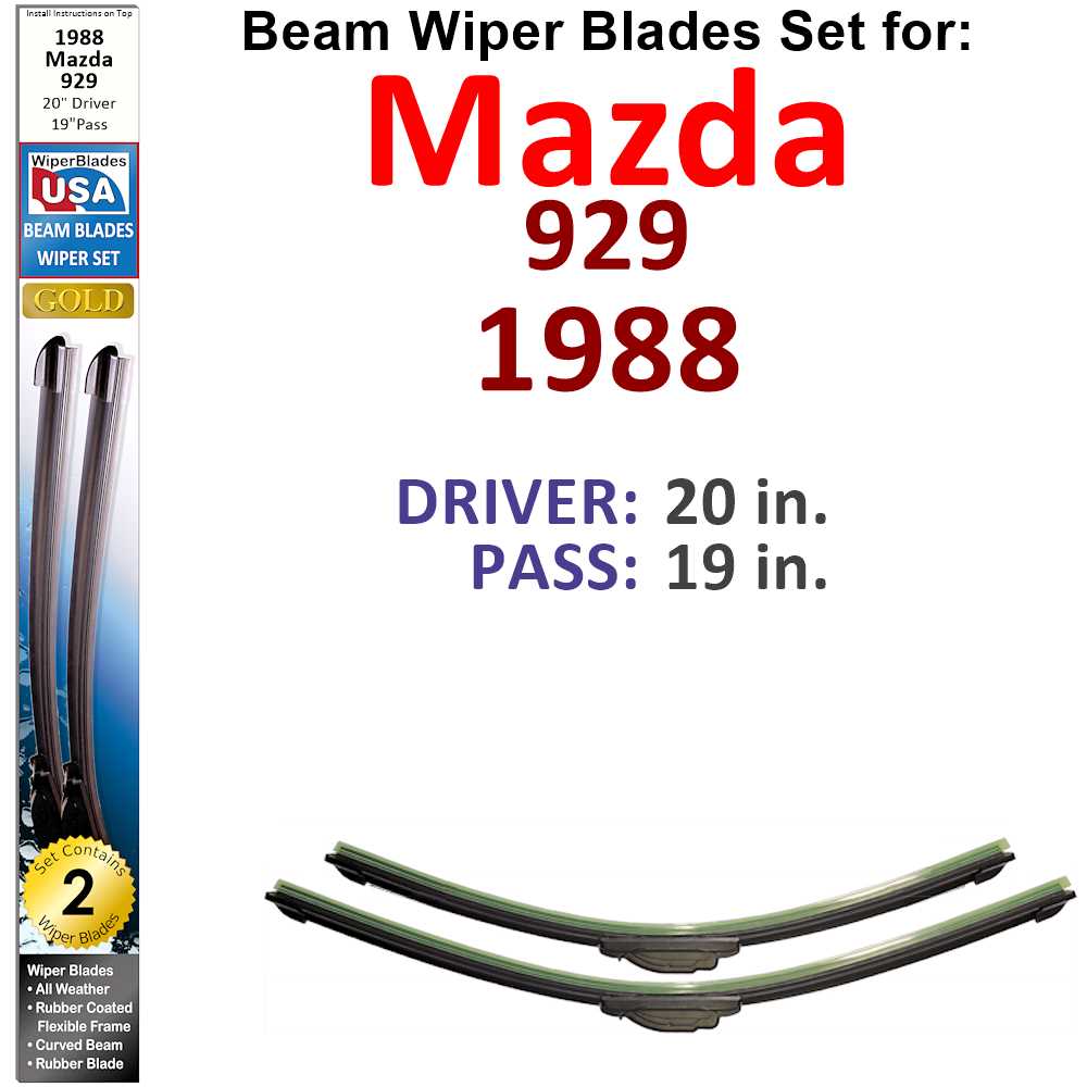 Set of two Beam Wiper Blades designed for 1988 Mazda 929, showcasing their flexible and durable construction.