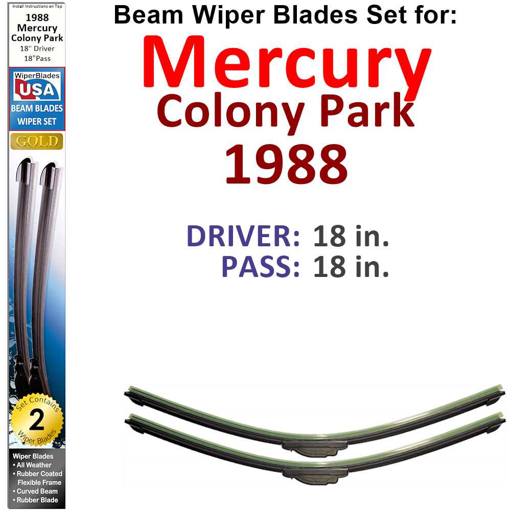 Set of 2 Beam Wiper Blades designed for 1988 Mercury Colony Park, showcasing their flexible and durable construction.