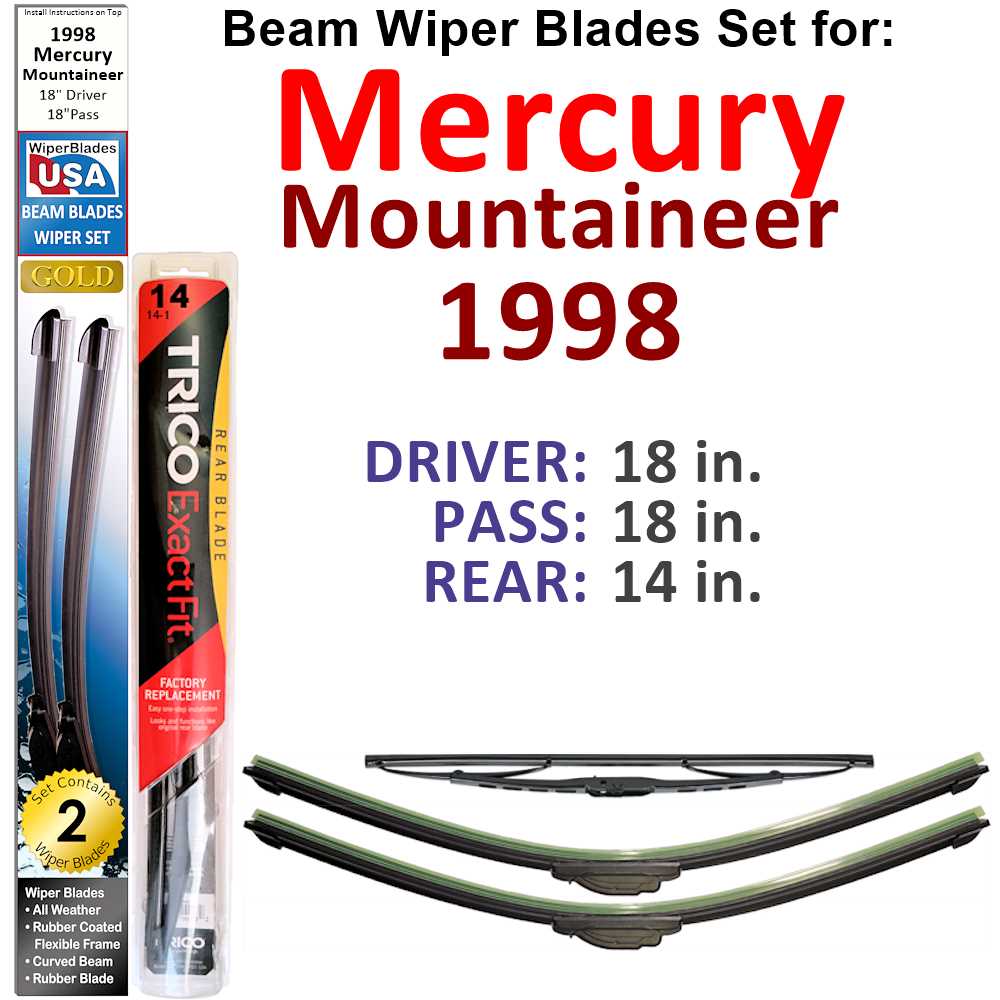 Set of 3 Beam Wiper Blades designed for 1998 Mercury Mountaineer, showcasing their flexible and durable construction.