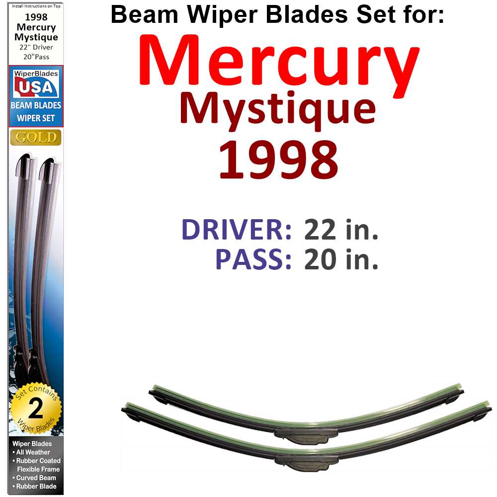 Set of two Beam Wiper Blades designed for 1998 Mercury Mystique, showcasing their flexible and durable construction.