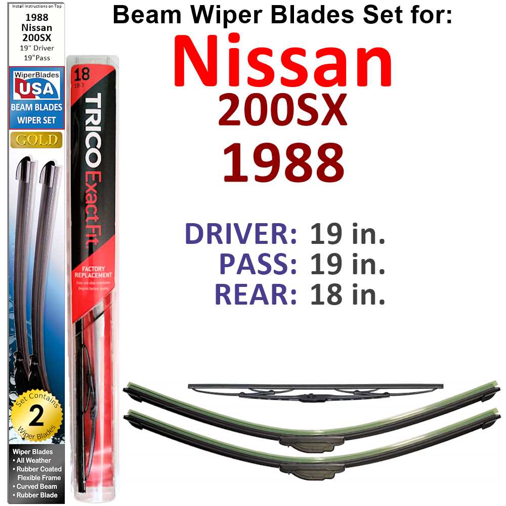 Set of 3 Beam Wiper Blades designed for 1988 Nissan 200SX, showcasing their flexible and durable construction.