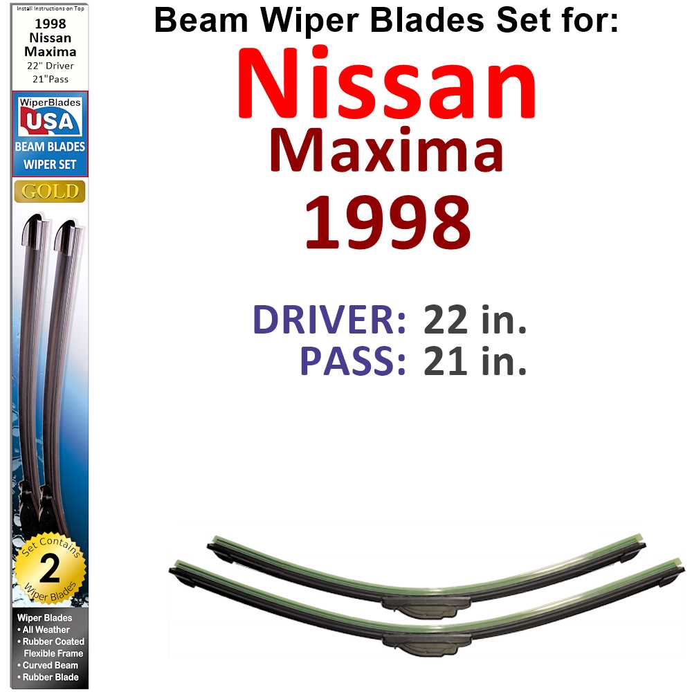 Set of 2 Beam Wiper Blades designed for 1998 Nissan Maxima, showcasing their flexible and sealed design for optimal performance.