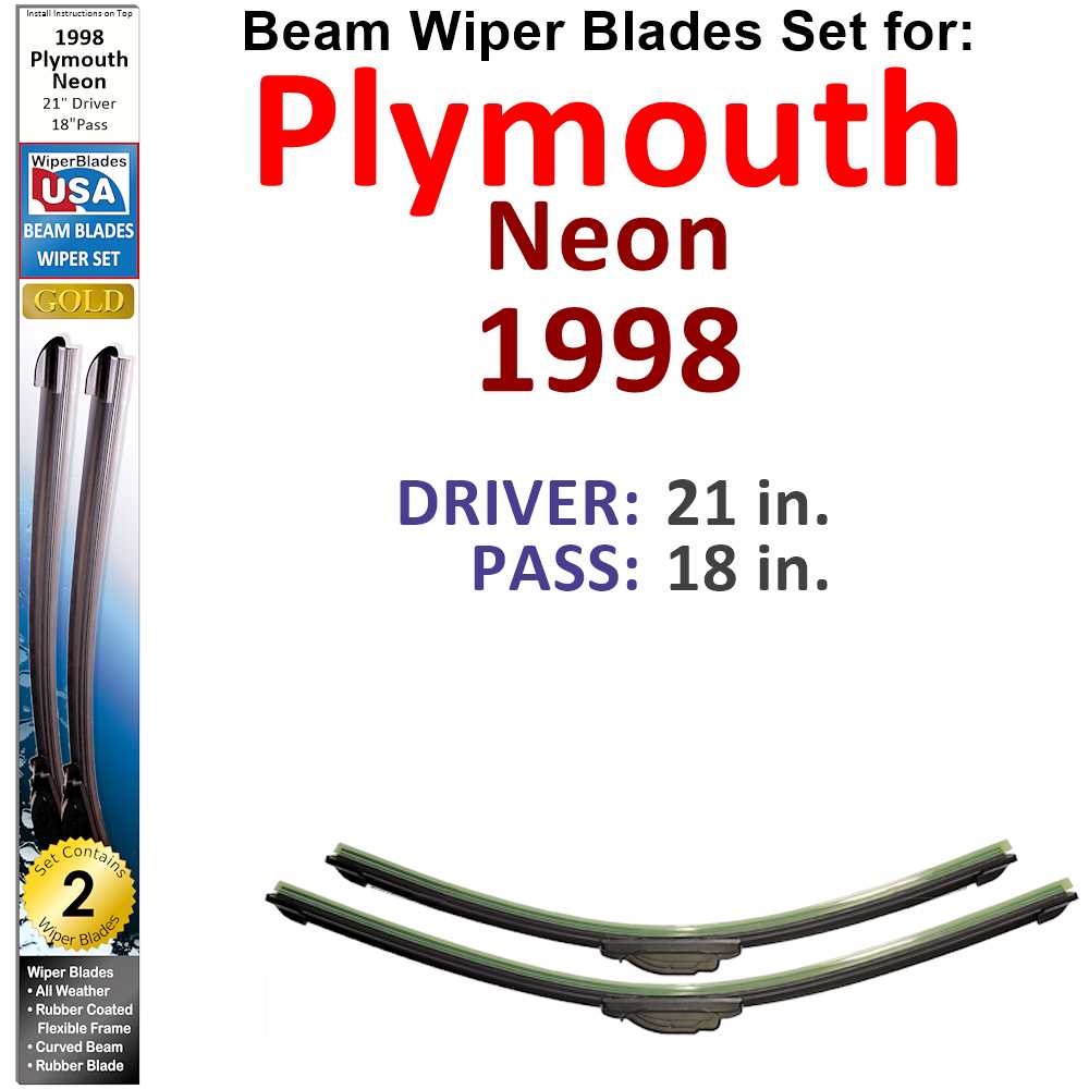 Set of 2 Beam Wiper Blades designed for 1998 Plymouth Neon, showcasing their flexible and durable construction.