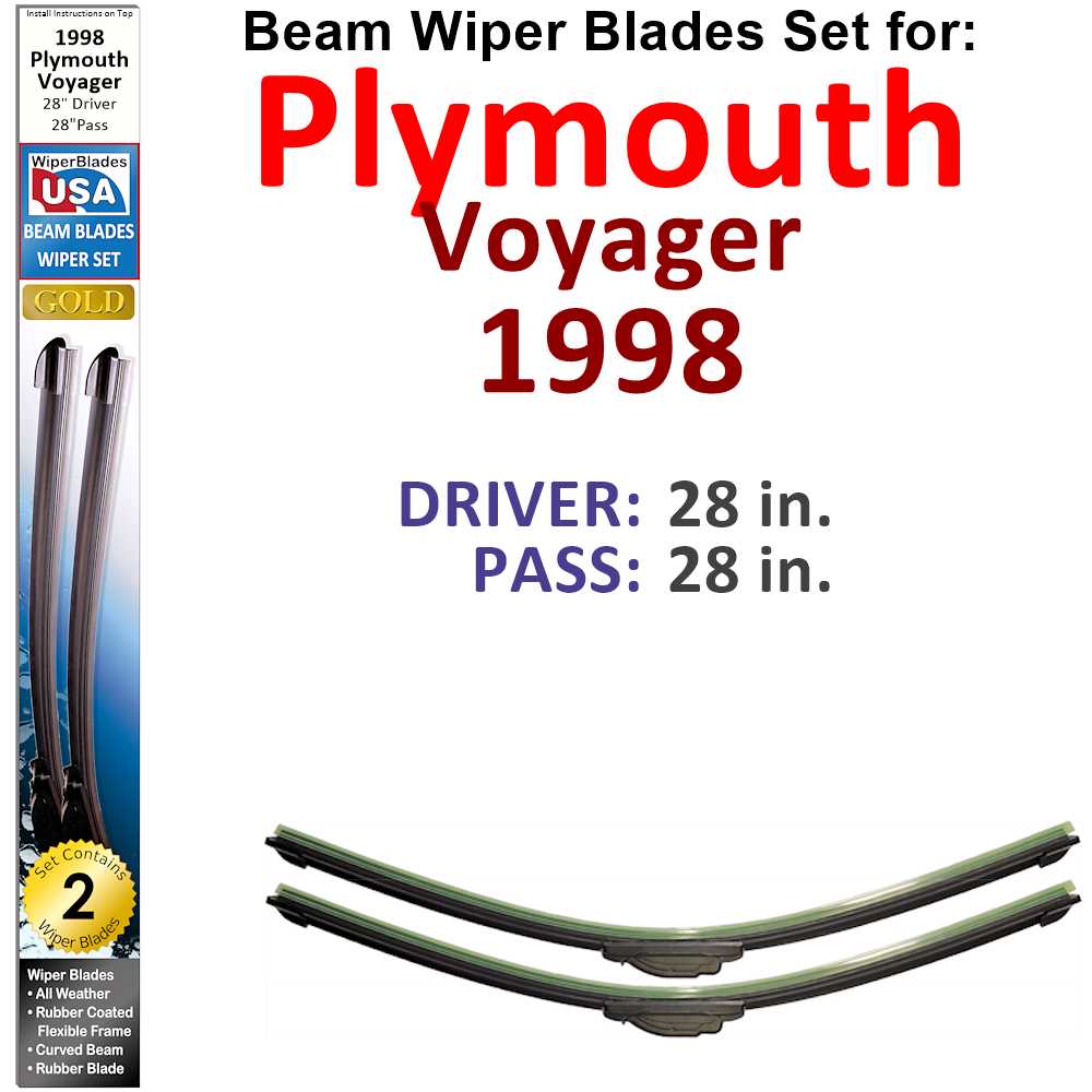 Set of 2 Beam Wiper Blades designed for 1998 Plymouth Voyager, showcasing their flexible and durable construction.