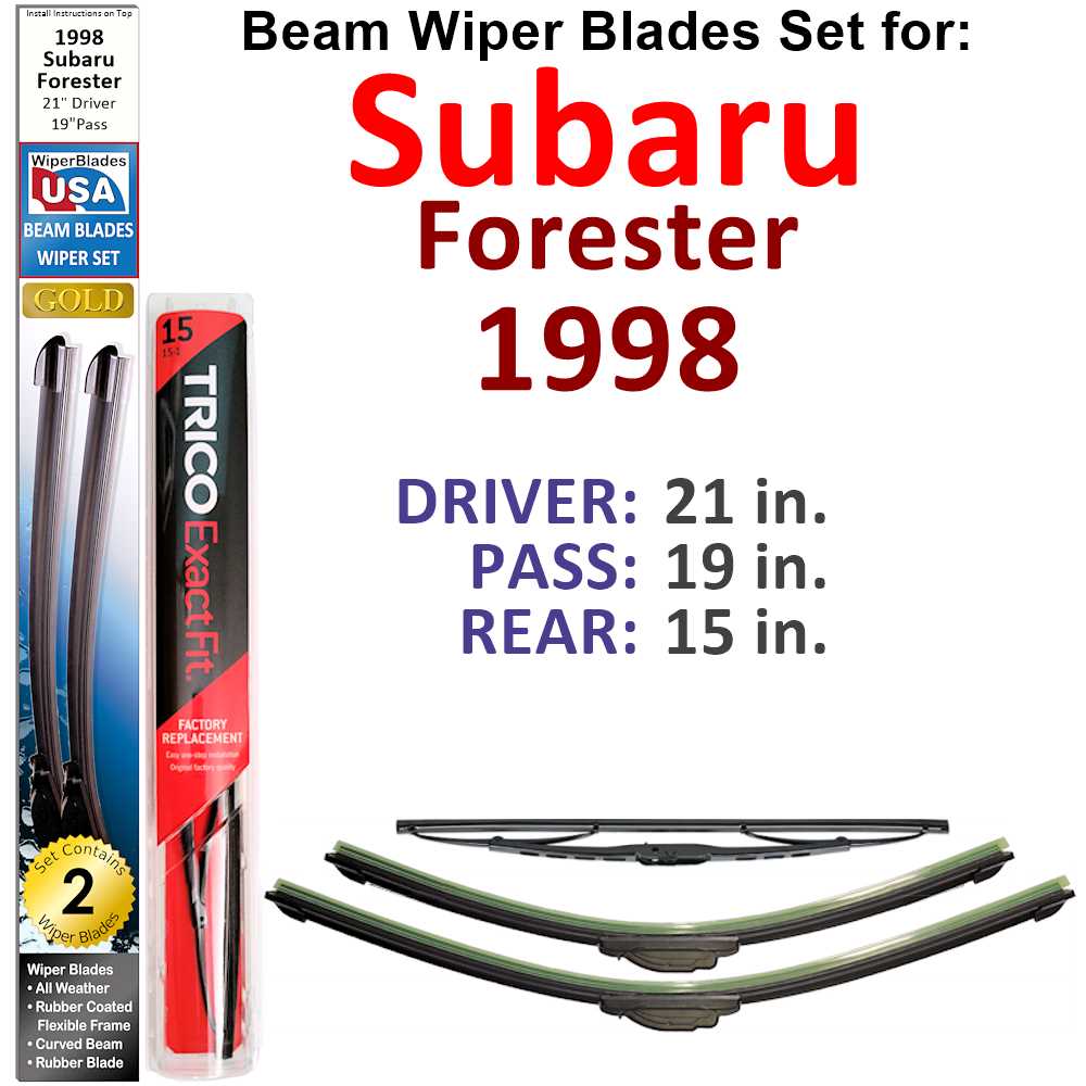 Set of 3 Beam Wiper Blades designed for 1998 Subaru Forester, showcasing their flexible and durable construction.