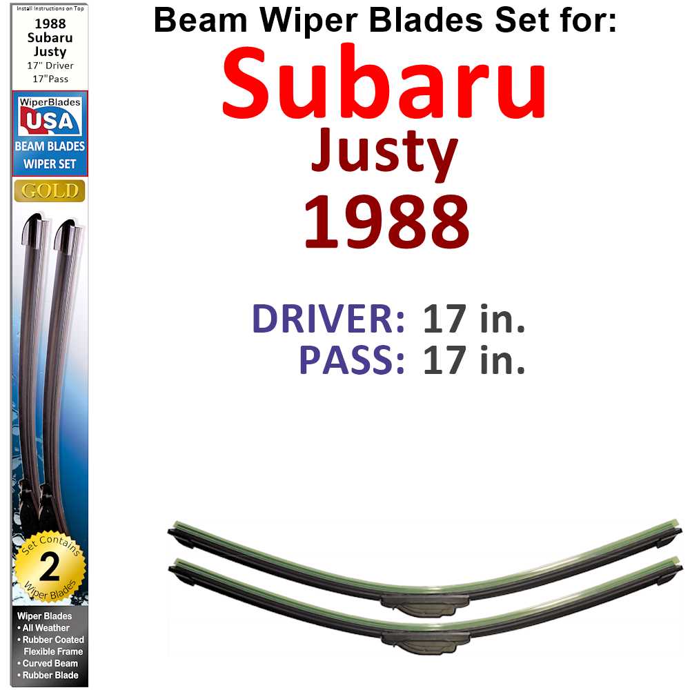 Set of two Beam Wiper Blades designed for 1988 Subaru Justy, showcasing their flexible and low-profile design.