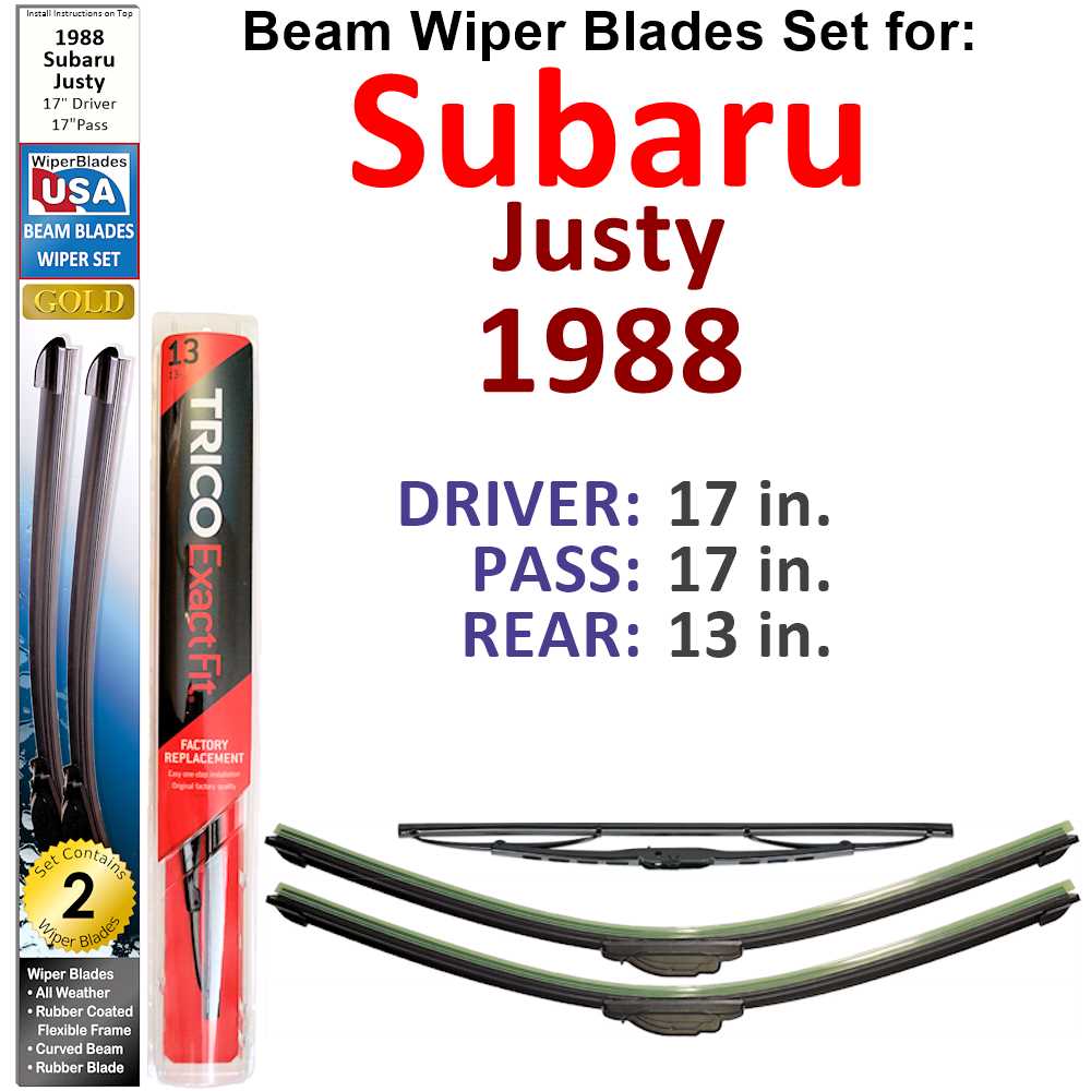 Set of 3 Beam Wiper Blades designed for 1988 Subaru Justy, showcasing their flexible and durable construction.