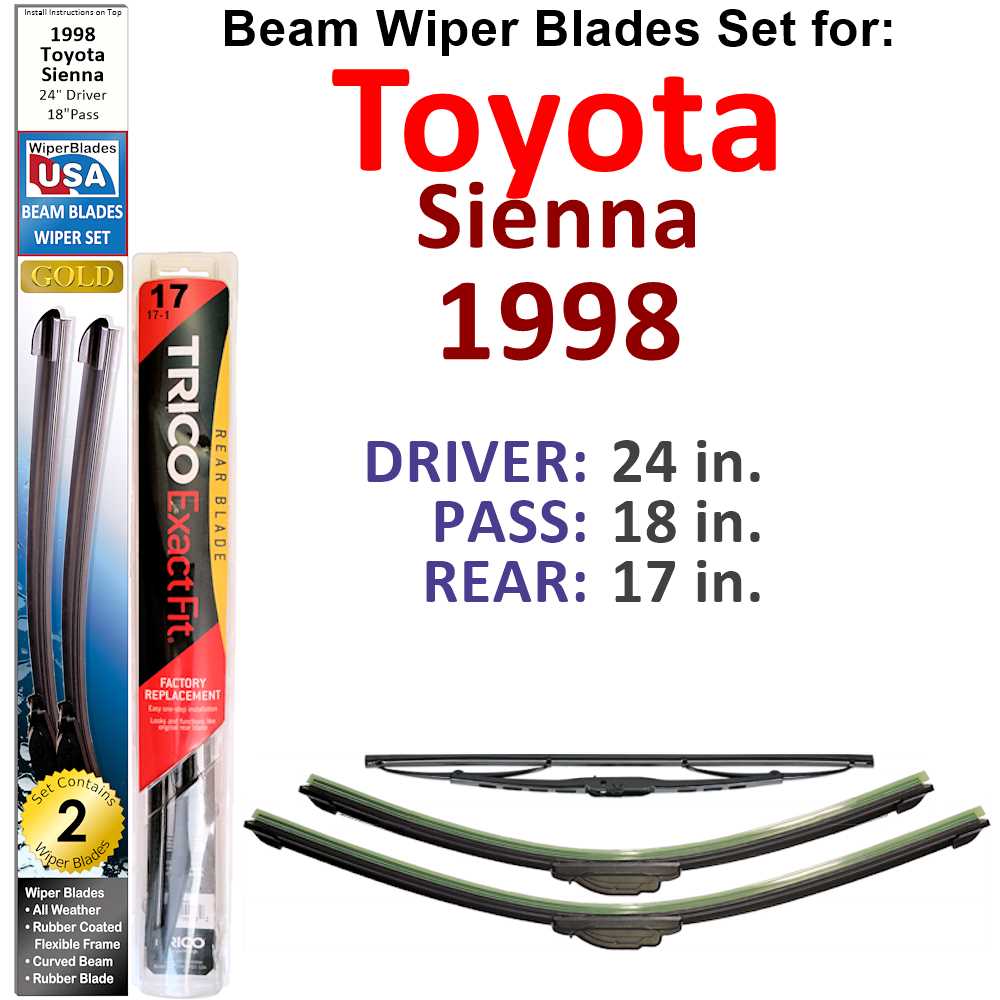 Set of 3 Beam Wiper Blades designed for 1998 Toyota Sienna, showcasing their flexible and durable construction.