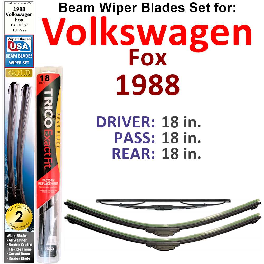 Set of 3 Beam Wiper Blades designed for 1988 Volkswagen Fox, showcasing their flexible and durable construction.