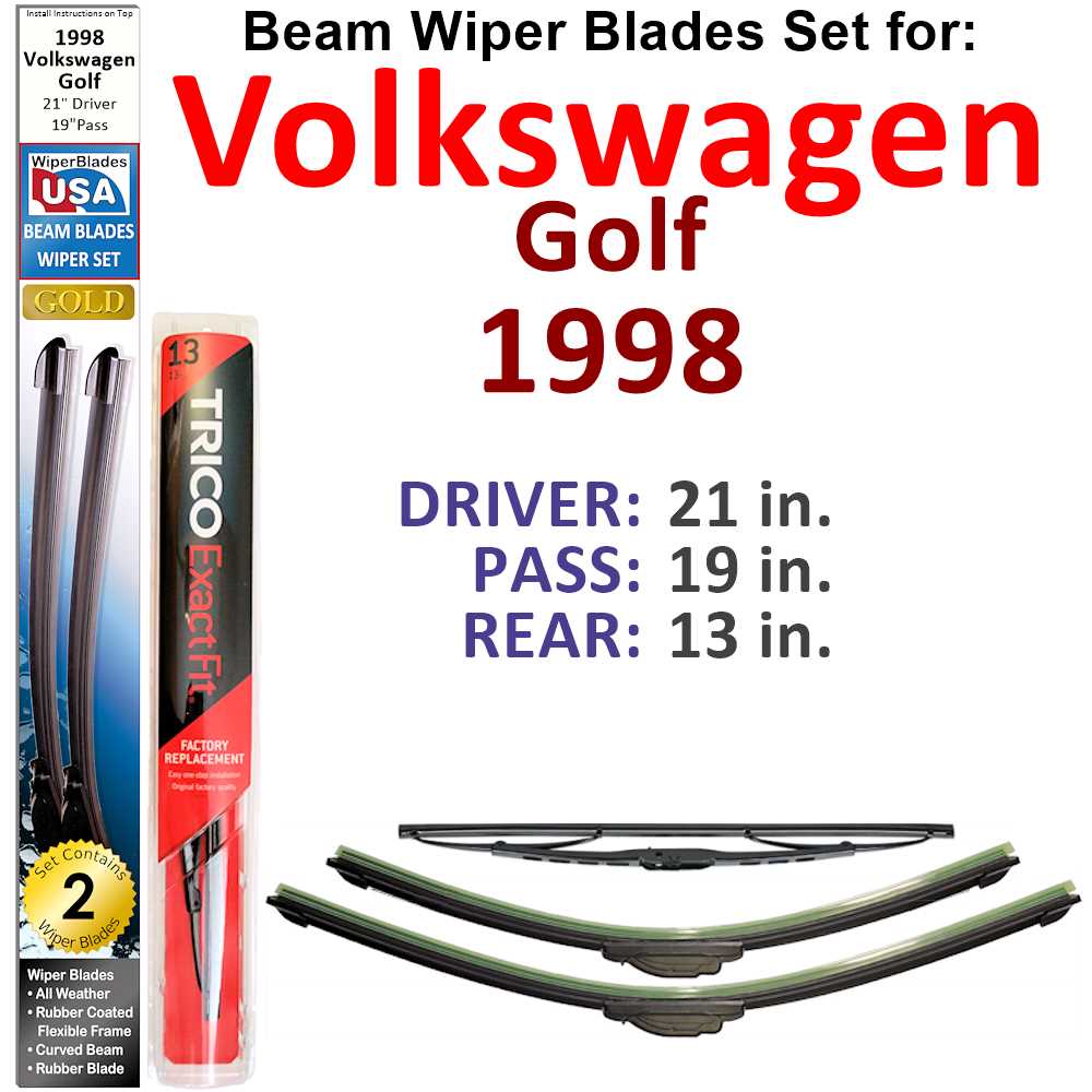 Set of 3 Beam Wiper Blades designed for 1998 Volkswagen Golf, showcasing their flexible and sealed construction for optimal performance.