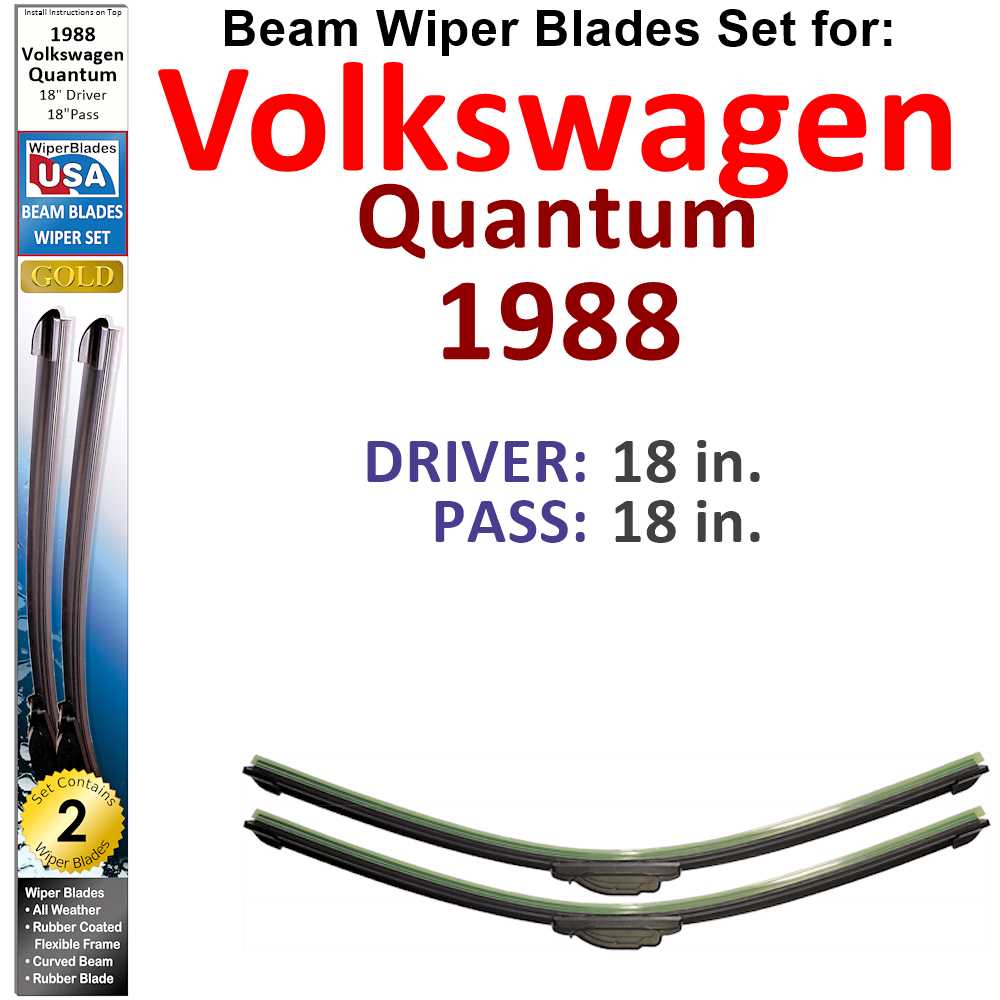 Set of two Beam Wiper Blades for 1988 Volkswagen Quantum, showcasing their flexible design and rubber-encased metal spine.